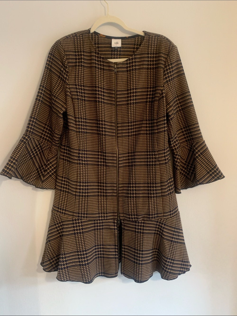 CABI Brown and Black Plaid Midi Coat with Flared Hem & Sleeves